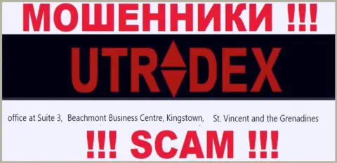 Официальный адрес обманщиков ЮТрейдекс Нет в оффшорной зоне - офис Сьюит 3, Бичмонт Бизнес Центр, Кингстаун, Сент-Винсент и Гренадины, данная инфа размещена на их официальном веб-портале