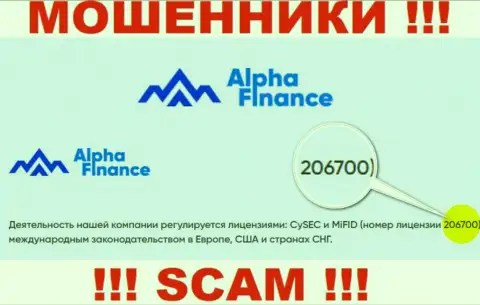 Номер лицензии Альфа-Финанс, на их сайте, не сумеет помочь сохранить Ваши денежные вложения от грабежа