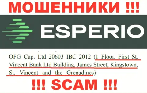 Незаконно действующая компания Esperio Org пустила корни в оффшорной зоне по адресу: 1 Floor, First St. Vincent Bank Ltd Building, James Street, Kingstown, St. Vincent and the Grenadines, будьте очень бдительны