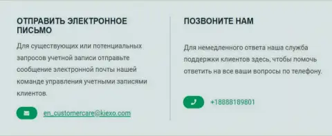 Телефон и адрес электронного ящика организации KIEXO