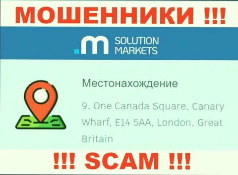 На сайте Solution Markets нет достоверной информации о юридическом адресе компании - это РАЗВОДИЛЫ !!!