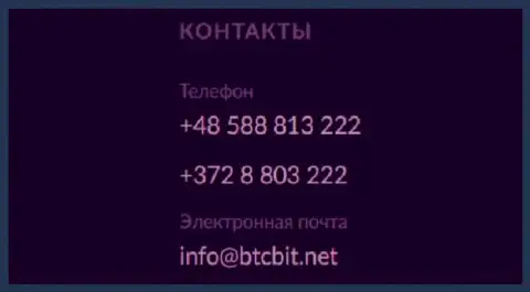 Телефоны и электронка обменного пункта BTC Bit