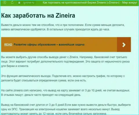 Информационная публикация о выводе депозитов в организации Zinnera Com, опубликованная на ресурсе Igrone Ru