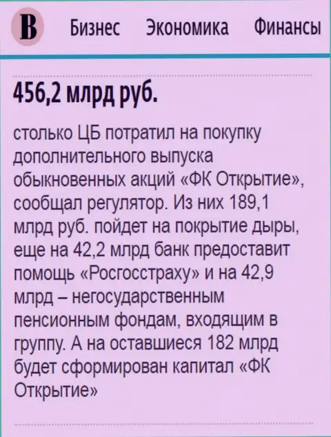 Как написано в ежедневной газете Ведомости, почти что 500 млрд. российских рублей пошло на спасение от разорения ФГ Открытие
